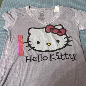 Hello Kitty Light Gray Tee with Pink Bow Y2K distressed vintage wash